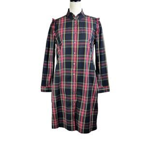 J. Crew Black & Red Tartan Plaid Long Sleeve Button Up Ruffle Detail Shirtdress